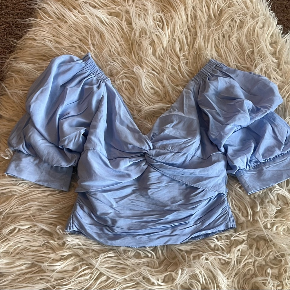 Blue Ruched Puff Sleeve Blouse with Tie Front